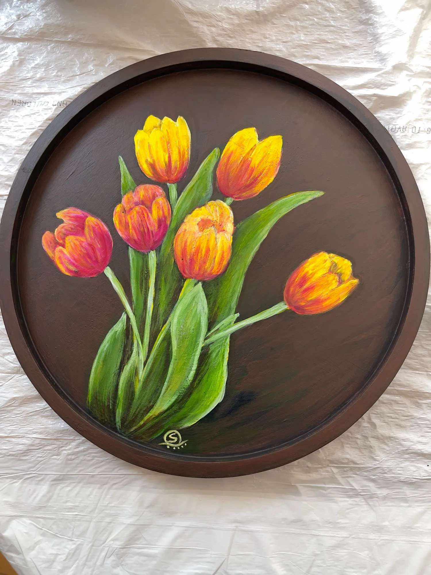hand painted tulips flowers circle_tray