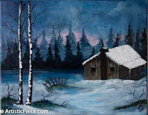 Winter Cabin with Pink Glow